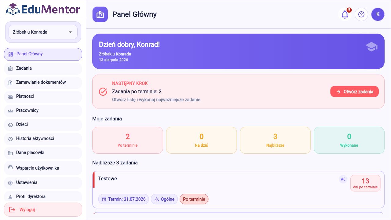 Panel główny dyrektora w aplikacji EduMentor